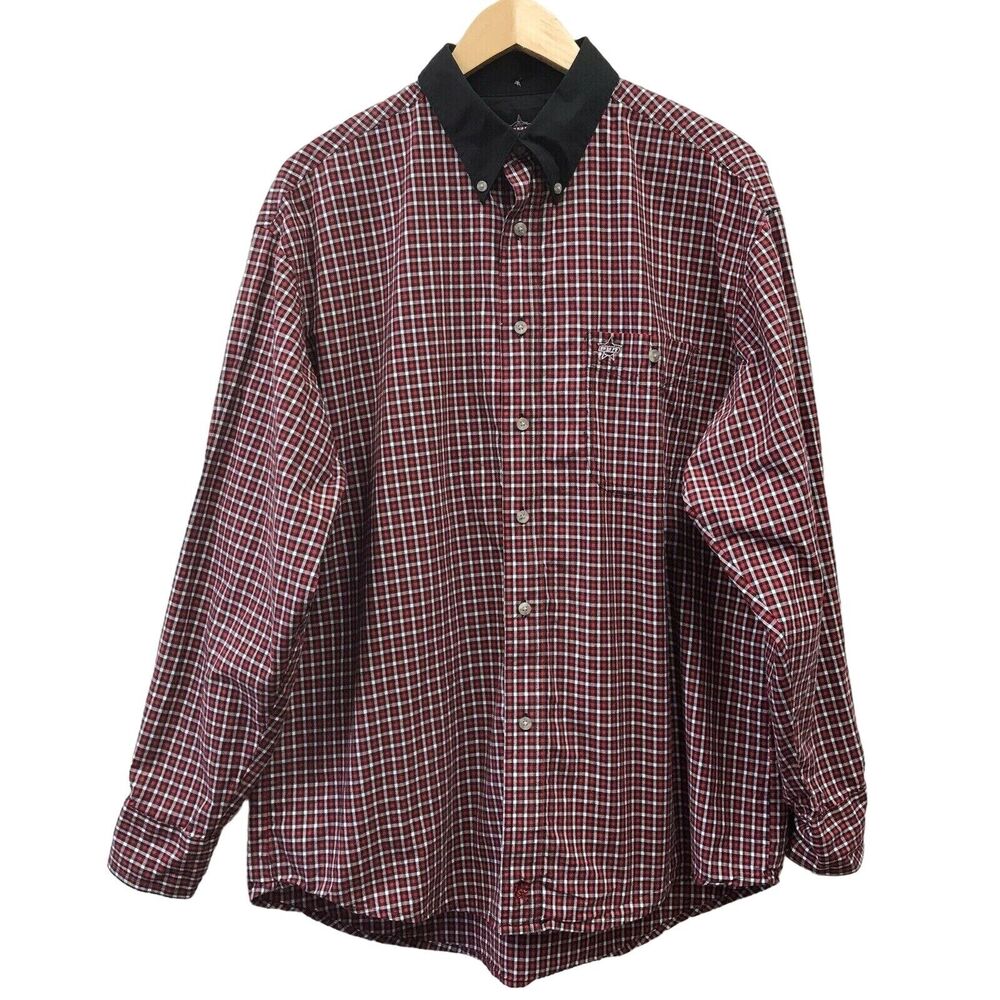 PBR Shirt Mens Large Check Red White Black Collar Pro Bull Rider